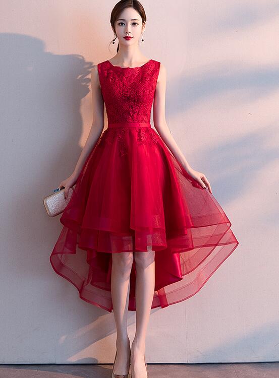 Stylish Wine Red Lace High Low Prom Dress 2020, Party Dress