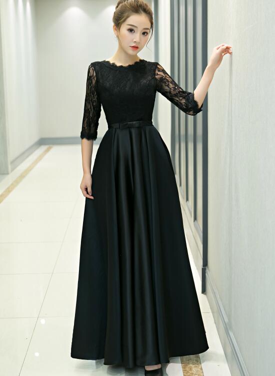 black lace and satin long party dress