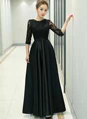 black lace and satin long party dress