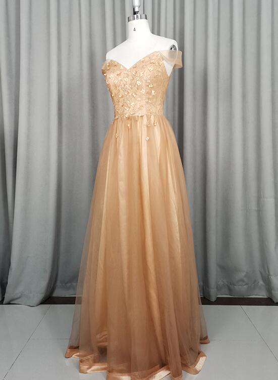 Beautiful Champagne Off Shoulder Tulle A-line Party Dress, Long Prom Dress