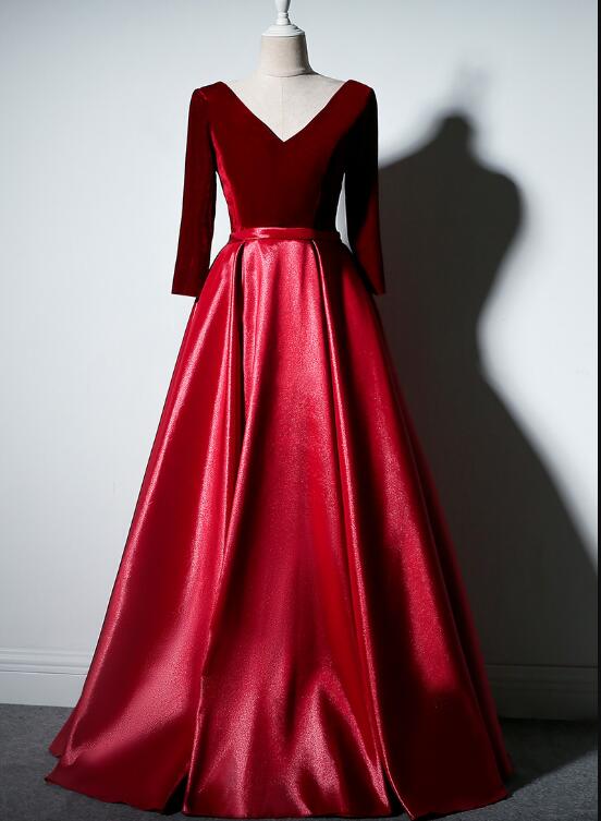 dark red satin and velvt long party dress