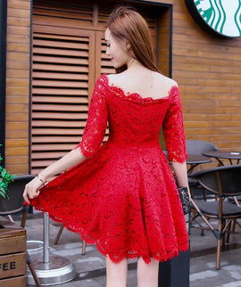 Lovely Red Lace Short Sleeves Party Dress, Chic Red Off Shoulder Homecoming Dress