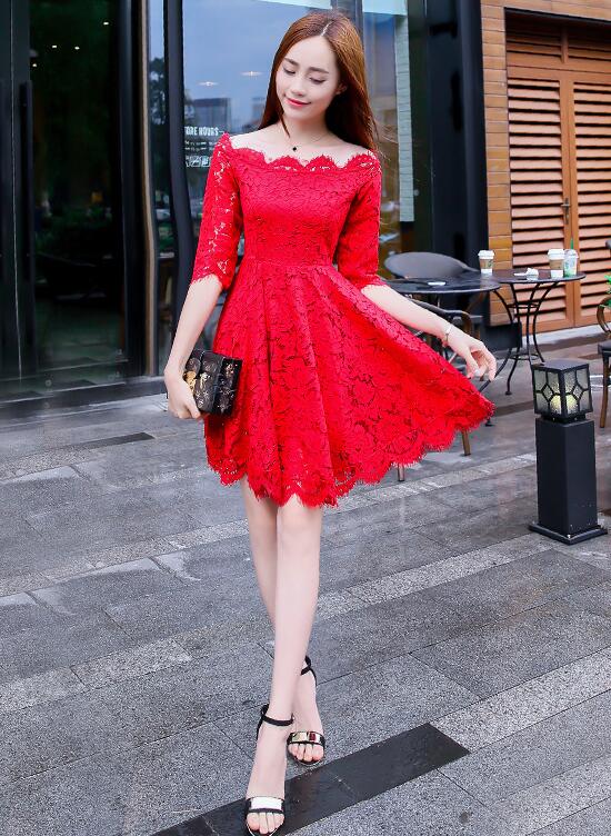 Lovely Red Lace Short Sleeves Party Dress, Chic Red Off Shoulder Homecoming Dress