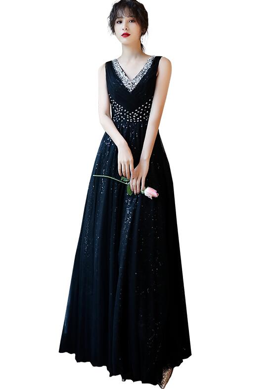 Charming Black Sequins and Beaded V-neckline Long Party Dress, Black Formal Dress