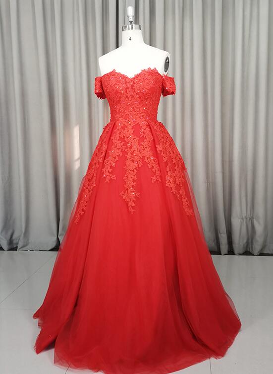 red tulle off shoulder long party dress