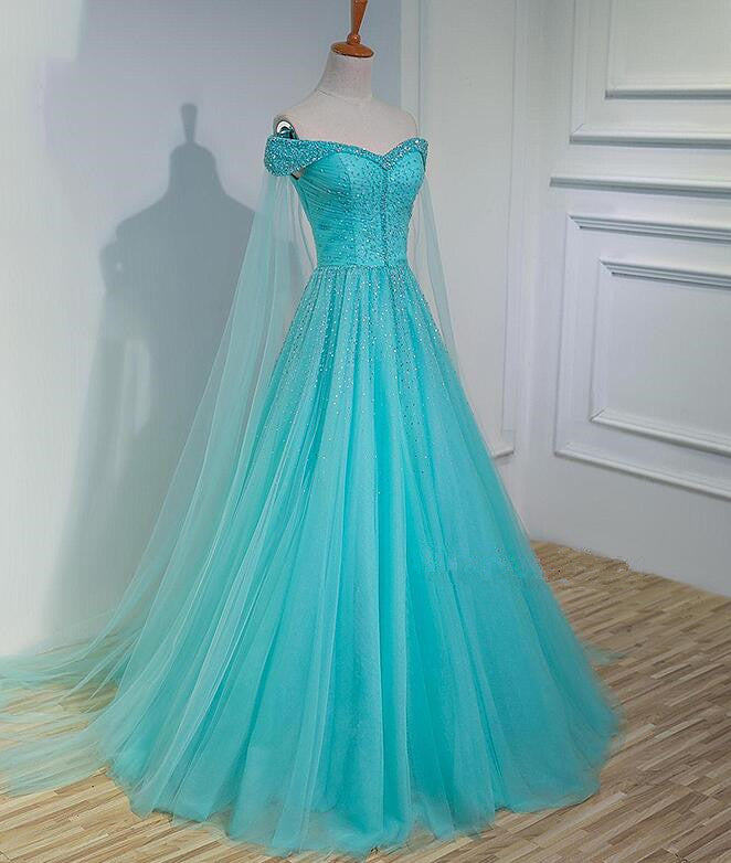 Charming Blue Beaded Sweetheart Tulle Long Party Gown, Quinceanera Dress