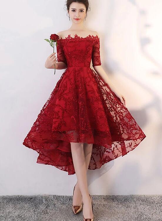 wine red lace party dress