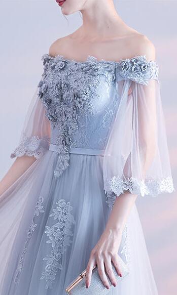 Elegant Grey Tulle Long Party Dress , Off Shoulder Bridesmaid Dress