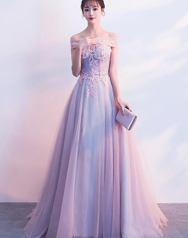 A-line Round Neck Tulle Lilac Long Prom Dress Party Dress
