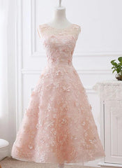 Charming Tea Length Light Pink Lace Wedding Party Dress, Pink Party Dress