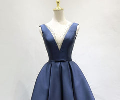 Elegant Beaded V-neckline Satin Navy Blue Dress, Short Bridesmaid Dress