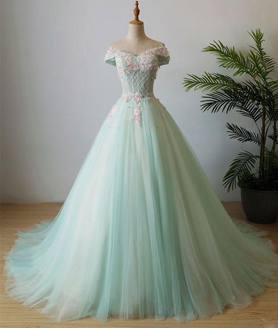 Light Green Tulle Cap Sleeves Off Shoulder Formal Gowns, Green Party Gowns, Prom Dress