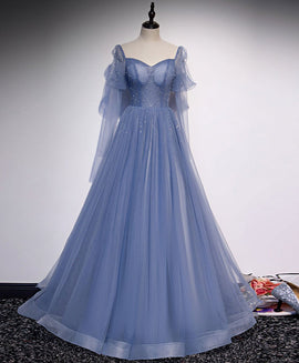 Blue Tulle Long Sleeves Beaded Princess Formal Dress, Blue Evening Gown