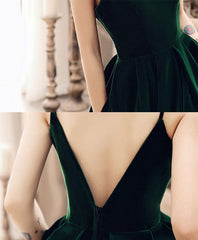 Dark Green V Back Long Velvet Elegant Party Dress, A-line Straps Bridesmaid Dress