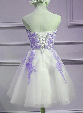 Lovely Sweetheart White Tulle with Purple Lace, Cute Party Dress