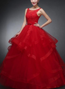 Beautiful Red Tulle Round Neckline Party Gowns, Red Formal Dress, Prom Gowns