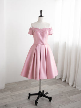 Lovely Pink Satin Short Party Dress Homecoming Dress, Off Shoulder Prom Dress