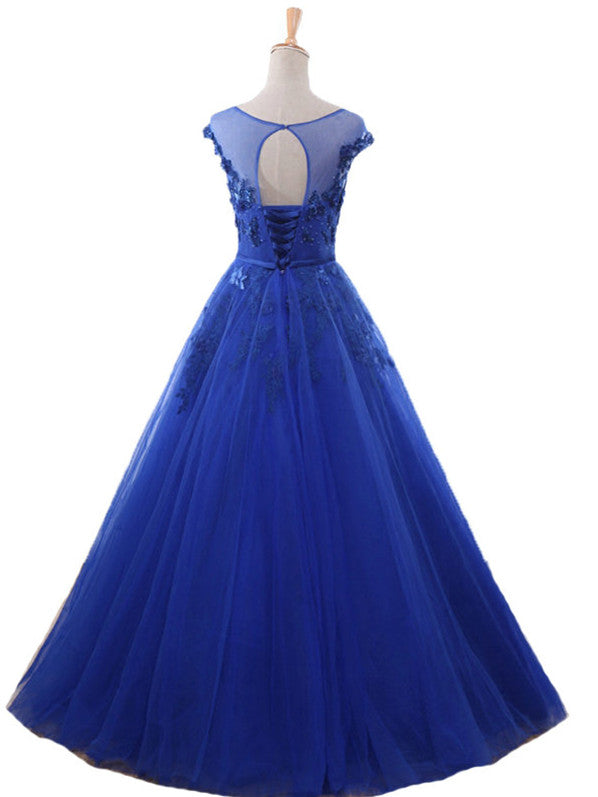 Royal Blue Ball Gown Tulle with Lace Round Cap Sleeves Prom Dress, Blu Cutedressy Royal Blue Ball Gown Tulle with Lace Round Cap Sleeves Prom Dress, Blu Cutedressy