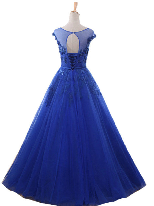 Royal Blue Ball Gown Tulle with Lace Round Cap Sleeves Prom Dress, Blu ...