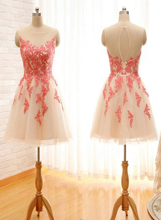 Light Champagne Short Tulle Party Dress with Pink Lace Applique, Homecoming Dress