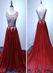 Wine Red Chiffon and Lace A-line Elegant Prom Gown, Prom Dress , Party Dress