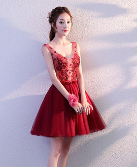 Wine Red Tulle Short Party Dress, V-neckline Formal Dress, Party Dress for Homecoming