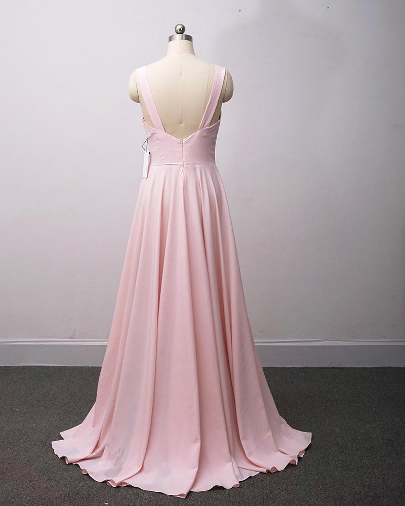 Beautiful Pink Sexy Deep V Neck Long Bridesmaid Dress with Straps, Pink Evening Dresses