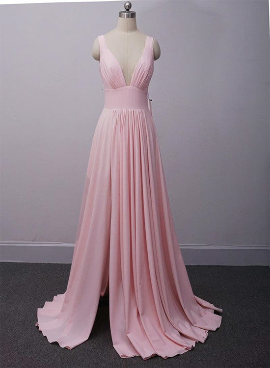 Beautiful Pink Sexy Deep V Neck Long Bridesmaid Dress with Straps, Pink Evening Dresses