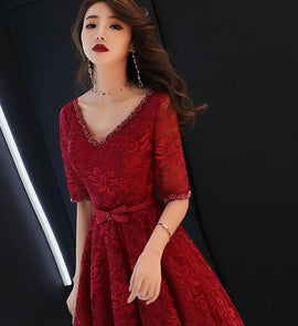 Beautiful Wine Red V-neckline Tea Length Party Dress, Lace Bridesmaid Dress