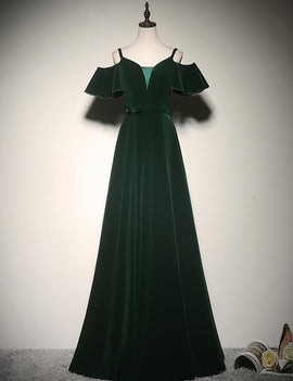 Charming Dark Green Velvet Long Straps Party Gown, Bridesmaid Dress