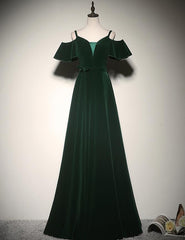Charming Dark Green Velvet Long Straps Party Gown, Bridesmaid Dress