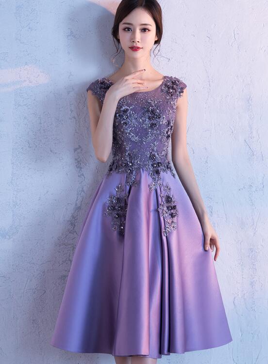 Cute Dark Purple Knee Length Satin Bridesmaid Dress, Lace Floral Party Cutedressy Cute Dark Purple Knee Length Satin Bridesmaid Dress, Lace Floral Party Cutedressy