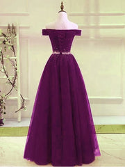 Beautiful Dark Purple Beaded Tulle Prom Gown, Off Shoulder Prom Dress