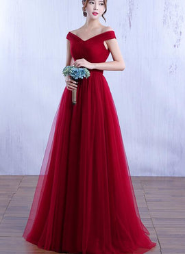 Elegant Wine Red Off Shoulder Tulle Long Party Dress, A-line Prom Dress