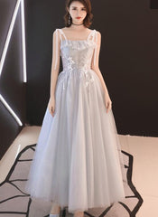 Lovely Grey Long Party Dress with Lace, Straps Wedding Party Dress