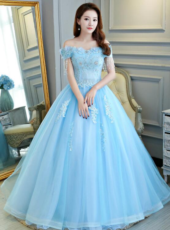 Off The Shoulder Blue Tulle Appliques Ball Gown Sweet 16 Dress Y6077