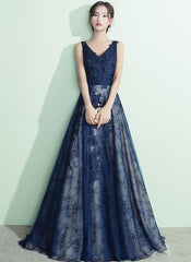 Navy Blue Lace A-line V-neckline Evening Gown, Prom Gown