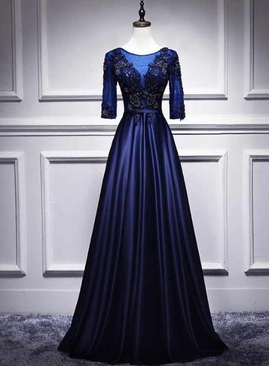 Navy Blue 1/2 Sleeves Satin Long Bridesmaid Dress, A-line Party Gown – Cutedressy