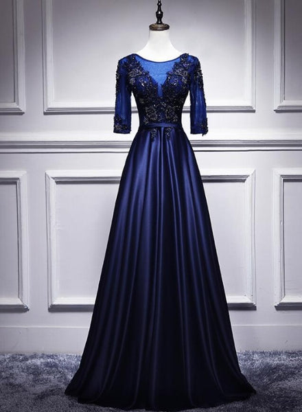 Navy Blue 1/2 Sleeves Satin Long Bridesmaid Dress, A-line Party Gown –  Cutedressy