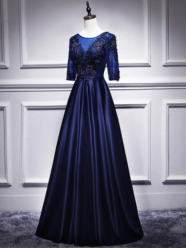 Navy Blue 1/2 Sleeves Satin Long Bridesmaid Dress, A-line Party Gown Cutedressy Navy Blue 1/2 Sleeves Satin Long Bridesmaid Dress, A-line Party Gown Cutedressy
