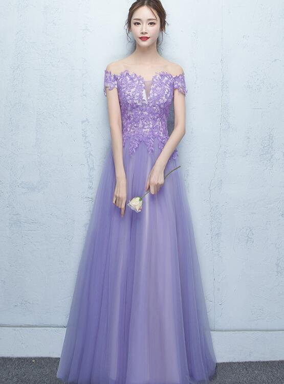 Lovely Light Purple Floral Tulle Off Shoulder Party Dress, Light Purple Tulle Prom Dress