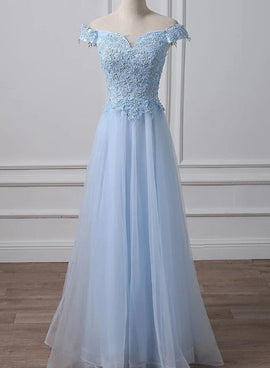 Beautiful Light Blue Off Shoulder Tulle with Lace, Lon Prom Dress