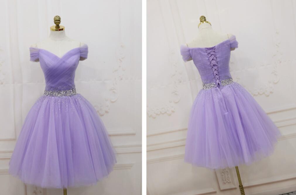 Lovely Light Purple Beaded Short Party Dress, Off Shoulder Homecoming Dress Lovely Light Purple Beaded Short Party Dress, Off Shoulder Homecoming Dress