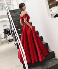 Beautiful Red Satin Off Shoulder Long Party Dress, Red Prom Dress