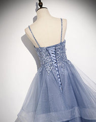 Blue V-neckline Straps Tulle with Lace Applique Party Gown, New Prom Dress