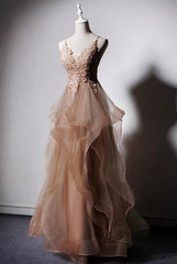 High Quality Tulle V-neclike Long Prom Dress, Lace Applique Straps Party Dress