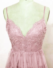 Beautiful Spaghetti Straps Lace Prom Dresses,Pink Lace A-line Party Dress