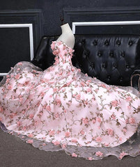 Pink Floral Lace Sweetheart Long Party Dress, A-line wedding Party Dress