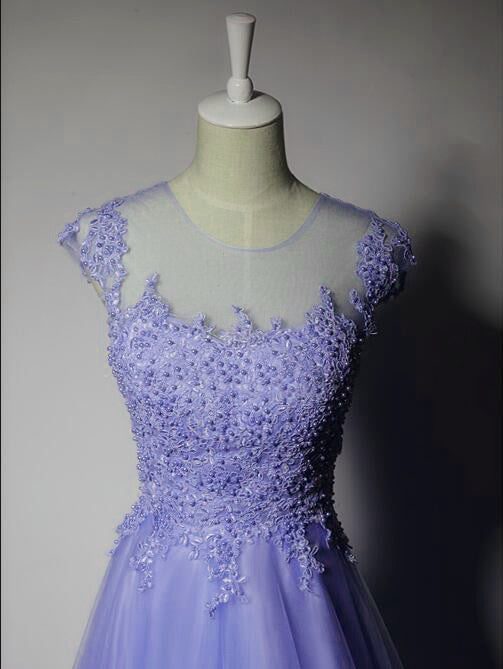 Cute Purple Tulle A-line Bridesmaid Dress, Lace Applique Prom Dress