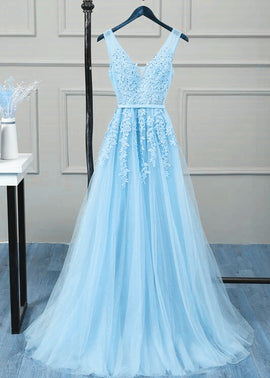Charming Light Blue V-neckline Tulle Bridesmaid Dress, A-line Prom Dress